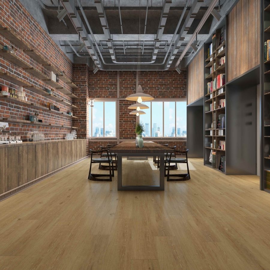 Luxury vinyl plank flooring in brick loft space 